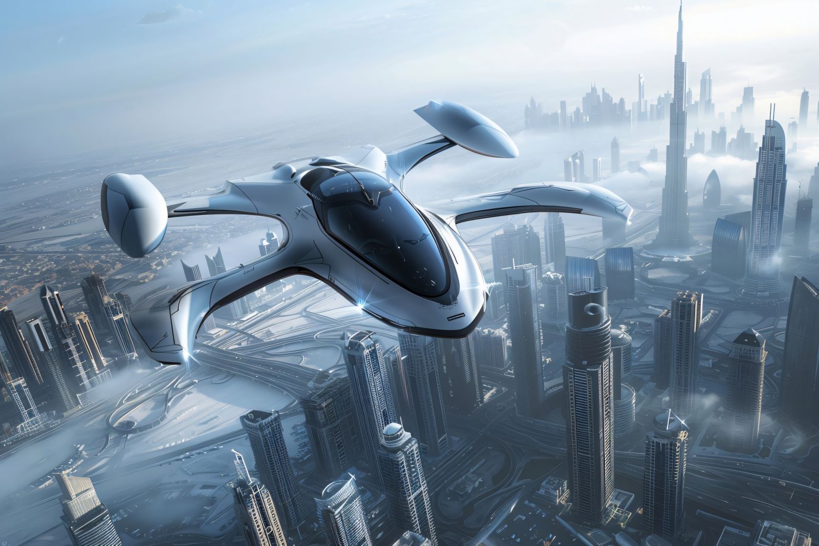 Concept rendering of an electric vertical take-off and landing aircraft above a modern city skyline.